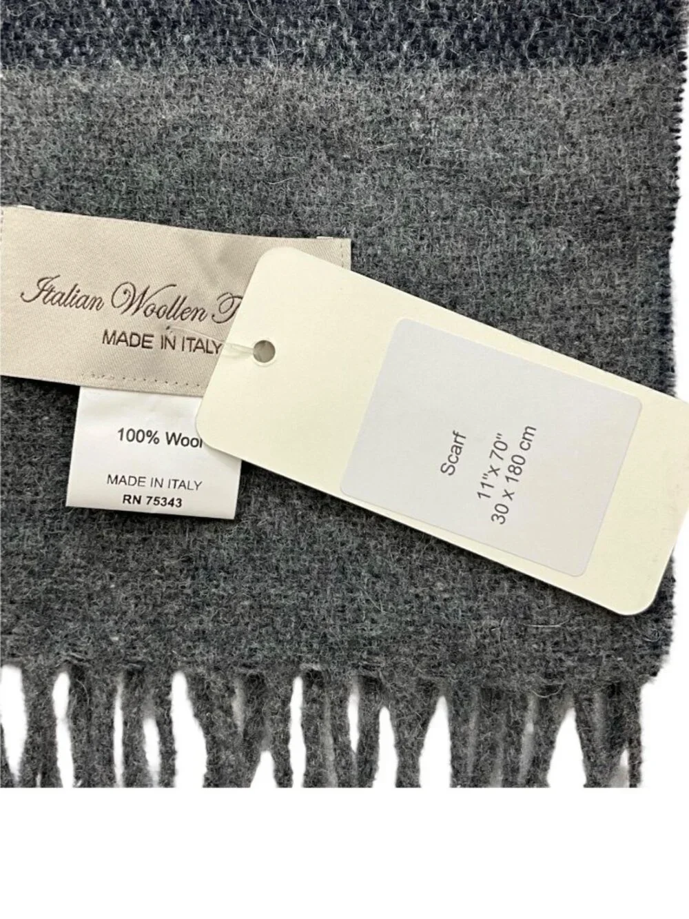 Italian Woollen Treasures Wool Scarf Gray Blue Striped Fringe NEW